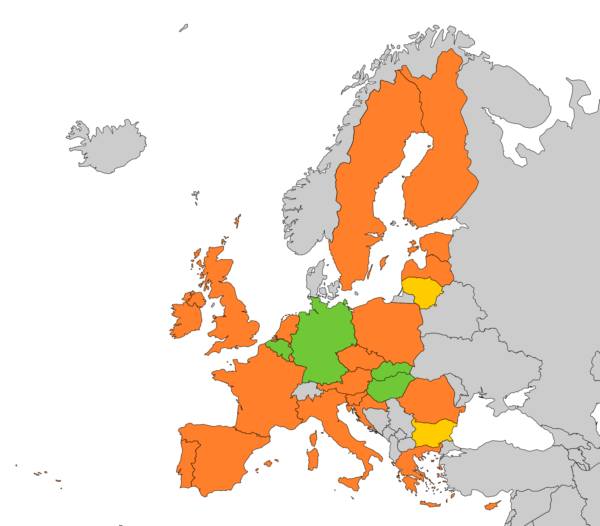 Green: full implementation EU Commission notified - Yellow: Transposition into national regulation done. EU Commission not notified yet - Red: Transposition into national legislation is process. Source:http://eur-lex.europa.eu/legal-content/EN/NIM/?uri=CELEX:32016L0681&qid=1509372502069